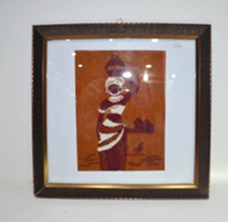LADY WITH WATER VESSLE FRAMED WALL HANGING IN HAND EMBRIODERY LADY WITH WATER VESSLE FRAMED WALL HANGING IN HAND EMBRIODERY